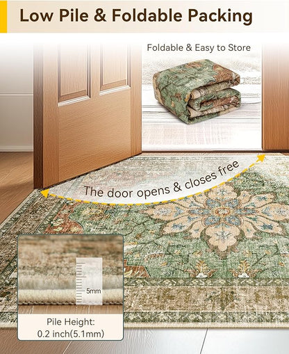 Area Rugs 2'x3' Washable Non-Slip, Floral Vintage Distress Print Pattern Medallion Carpet for Living Room Bedroom Dining Room, Brick Red Rust Neutral Brown Burnt Orange Green