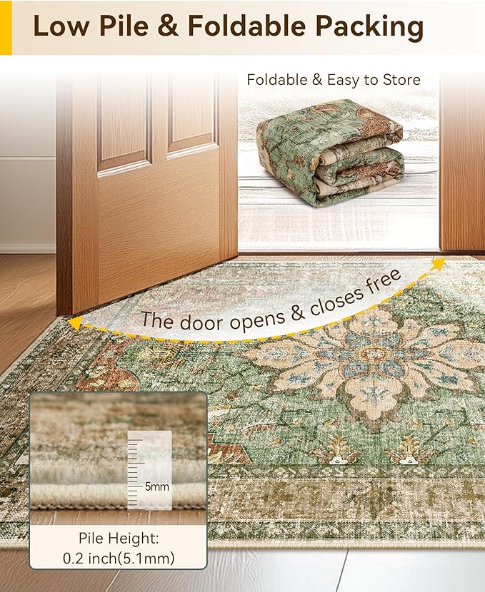 Area Rugs 2'x5' Washable Non-Slip, Floral Vintage Distress Print Pattern Medallion Carpet for Living Room Bedroom Dining Room, Brick Red Rust Neutral Brown Burnt Orange Green