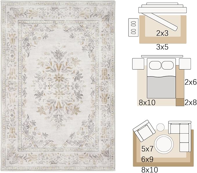 jinchan Vintage Floral 5x7 Area Rugs - Machine Washable Distressed Design Soft Ultra-Thin Low-Pile Non-Slip Carpet for Kitchen Bedroom Nursery Living Room Dining Room Home Office (5x7ft, Light Grey)