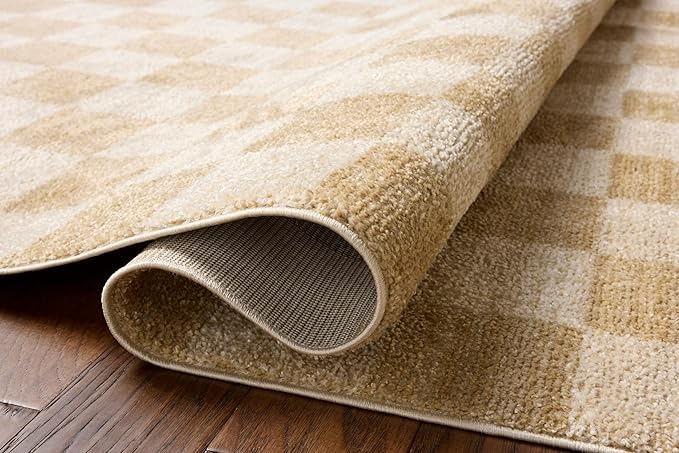 Loloi Chris Loves Julia Calvin Collection CLV-01 Wheat/Ivory 2'-7" x 7'-6" Runner Rug Checkered Neutral Soft Living Room Bedroom Carpet