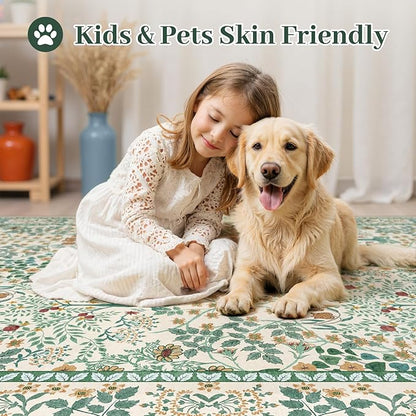 8x10 Area Rugs Living Room Rug - Floral Vintage Forest Washable Carpet, Low Pile Non-Slip Stain Resistance Boho Soft Large Carpet for Bedroom, Dining Room, Office, Farmhouse (8'x10' Beige Green)