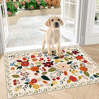 U'Artlines Indoor Door Mat Entrance Rug 2'x3'Soft Non Slip Machine Washable Floral Small Area Rug Carpet for Entryway Kitchen Bathroom Bedroom Beige