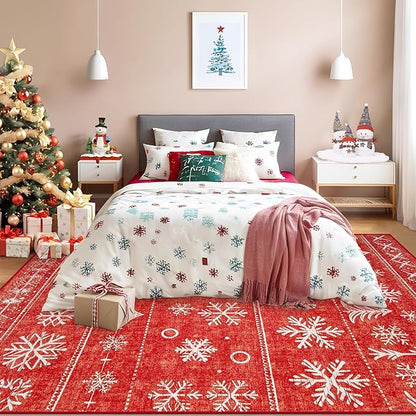Christmas Area Rug 6x9 Living Room Rugs, Machine Washable Boho Christmas Tree Snowflake Rug Non-Slip Soft Low Pile Holiday Indoor Rugs for Bedroom Kitchen Dining Room Office(Xmas Red, 6'x9')