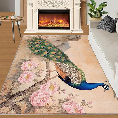 Peacock Peony Area Rug 4x5-4x5 Rug, Classic Peacock Peony Rugs for Living Room, Floral Animal Carpet, Peafowl Feather Washable Area Rugs for Bedroom, Aesthetics Carpet - Peafowl Home Decor & Gifts