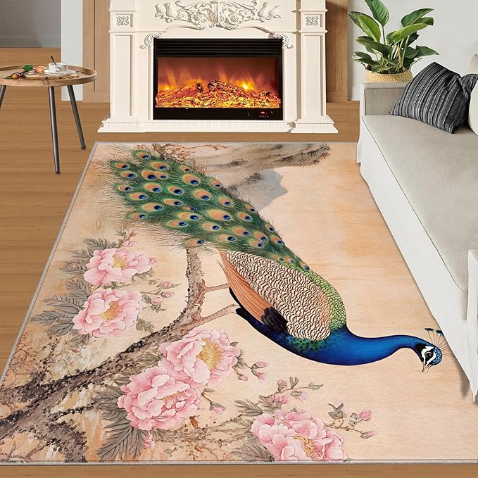 Peacock Peony Area Rug 5x6-5x6 Rug, Classic Peacock Peony Rugs for Living Room, Floral Animal Carpet, Peafowl Feather Washable Area Rugs for Bedroom, Aesthetics Carpet - Peafowl Home Decor & Gifts