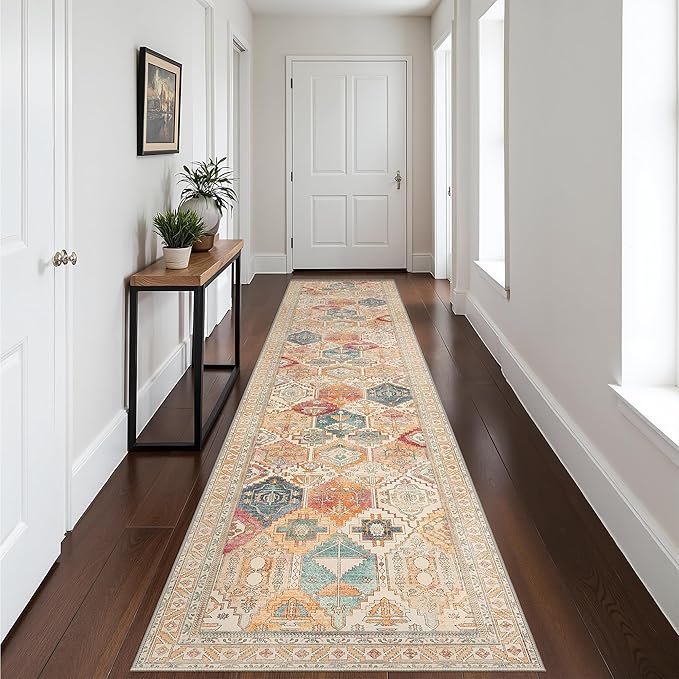 Bavni Kitchen Rug 2x5 Runner Rugs for Hallways Entryway, Washable Vintage Print Carpet, Ultra-Thin Chenille Low Pile Lightweight Rug with Non Slip Backing, Retro Multi
