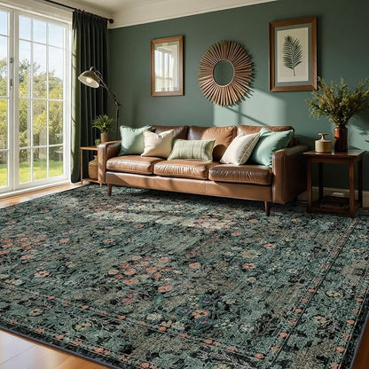 Boho Dark Green Floral Area Rug 8x10 for Living Room, Washable Farmhouse Moody Rug for Bedroom, Dining Room Under Table, Cottage Core Distressed Low Pile Non Slip Carpet, Soft Large Mat