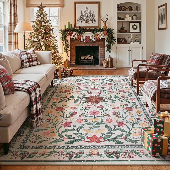 Wonnitar Christmas Rug for Living Room, Christmas Home Decor 8x10 Washable Rug, Ultra-Thin Soft Holiday Floral Print Non Slip Winter Indoor Carpet for Bedroom Kids Room Xmas Dining Room