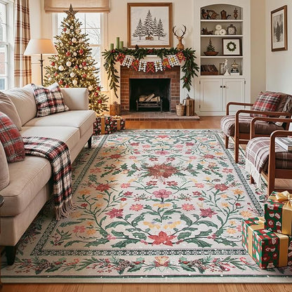 Wonnitar Christmas Rug for Living Room, Christmas Home Decor 8x10 Washable Rug, Ultra-Thin Soft Holiday Floral Print Non Slip Winter Indoor Carpet for Bedroom Kids Room Xmas Dining Room