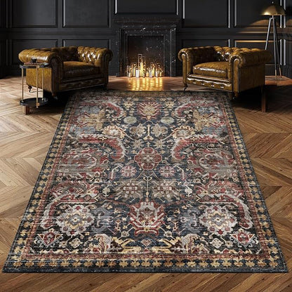 RUGSURE Washable Area Rugs - Perfect for Living Room, Bedroom, Kids Room, Nursery - Stain & Water Resistant Non-Slip, Pet & Child Friendly, Vintage Tribal Area Rugs (Rust, 6' x 9')