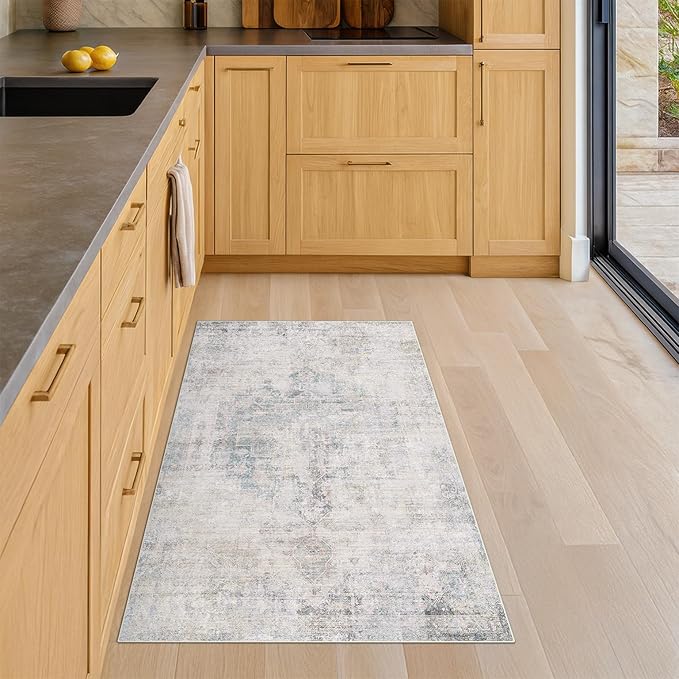 Light Blue 2x4 Runner Rug for Entryway Indoor, Kitchen Floor Waterproof, Bathroom, Powder Room, Washable Non Slip Low Pile Stain & Fade Resistant, Modern Eclectic Dusty Blue Décor