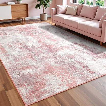 Washable Abstract Rug, 5x7 Modern Area Rugs with Non-Slip Rubber Backed for Living Room, Thin but Soft Contemporary Carpet Kitchen Bedroom Dining Room Decor, Pink