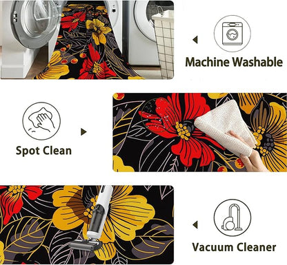 Black Floral Washable Living Room Area Rug, Low Profile Abstract Pattern, 3x5 Non-Slip Backing Carpet for Kitchen, Bedroom, Dining Room