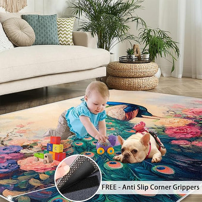 Peacock Peony Rug 4x6-4x6 Rug, Classic Peacock Peony Area Rugs for Bedroom, Teal Turquoise Rugs for Living Room, Peafowl Washable Mat, Malachite Green Feather Carpet - Peafowl Home Decor & Gifts