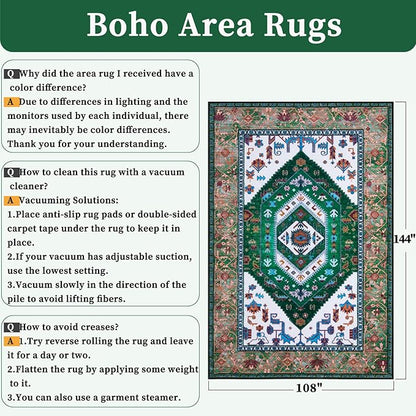 SERISSA 9x12 Area Rugs for Living Room, Large Washable Non-Slip Boho Rug, Ultra Soft Vintage Green White Oriental Tribal Print Distressed Carpet for Dining Room Bedroom Dorm Office Home Decor