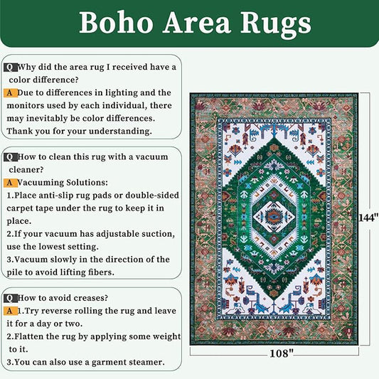 SERISSA 9x12 Area Rugs for Living Room, Large Washable Non-Slip Boho Rug, Ultra Soft Vintage Green White Oriental Tribal Print Distressed Carpet for Dining Room Bedroom Dorm Office Home Decor