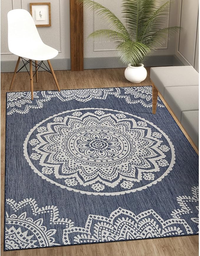 CAMILSON Outdoor Rug 9x12 Modern Area Rugs for Large Indoor and Outdoor Patios and Porches - Waterproof Washable Non-Shedding, Easy-to-Clean Outside Carpet (9 x 12, Medallion - Blue/White)