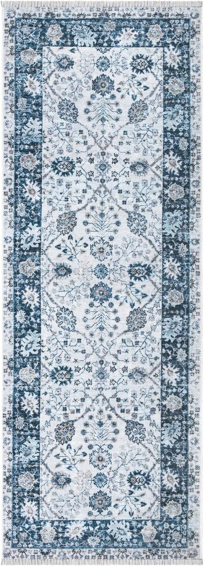Bloom Rugs Caria Washable Non-Slip 10 ft Runner - Navy Blue Traditional Bordered Runner for Entryway, Hallway, Bathroom, and Kitchen - Exact Size: 2'6" x 10'