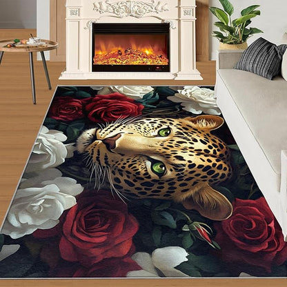 Leopard Rugs for Bedroom - 3x5 Area Rug - Flowers Leopard Rugs for Living Room, 3D Flowers Animal Rug, Washable Home Decor Carpet