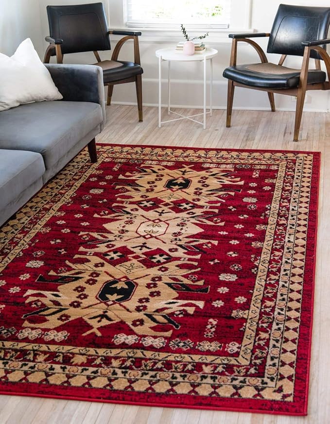 Unique Loom Taftan Collection Border Geometric Tribal Inspired Design Area Rug, 5 ft x 8 ft, Red/Gold