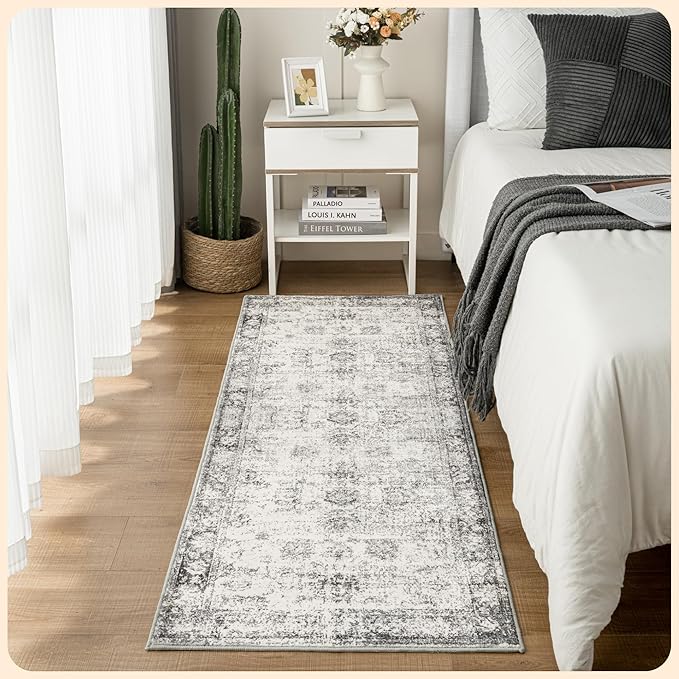 Istana Hallway Runner Rug 2.5x8 – White Cream/Grey Entryway Rug -Silk's Soft Touch Runners for Hallways - Stylish Kitchen Runner Rug Non Slip