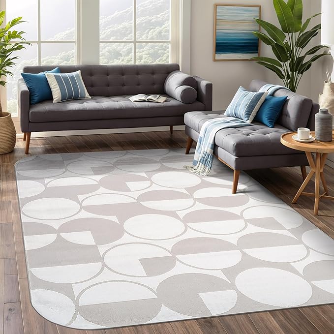 Beverly Rug Modern Geometric Area Rug 8x10 Low-High Pile Durable Soft Abstract Circular Indoor Rugs for Living Dining Room Office Stain Resistant Non Shedding Casual Indoor Carpet Beige White 8 x 10