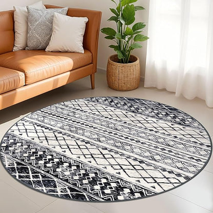 KUTA Washable Rugs Round 5Ft Black Navy Blue Boho Area Rug for Living Room, Moroccan Non-Slip Soft Geometric Circle Carpet for Bedroom Low-Pile Nursery Dorm Décor Throw