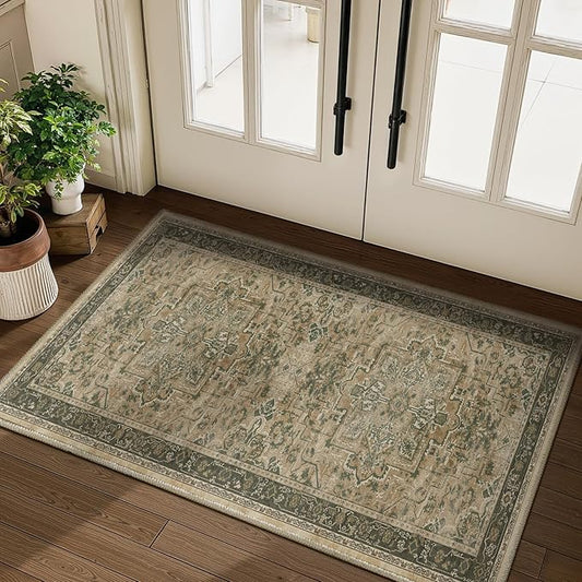 Moody 3x4 Rugs for Entryway Indoor, Distressed Medallion Door Mat Indoor Entrance, Washable Non Slip Low Pile Thin Small Carpet Rug for Kitchen/Bedroom/Bathroom/Laundry Room, Multi Brown/Olive