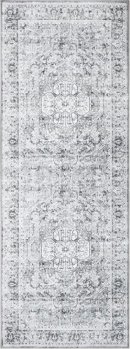 Bloom Rugs Washable Non-Slip 10 ft Runner - Gray/Charcoal Traditional Medallion Runner for Entryway, Hallway, Bathroom, and Kitchen - Exact Size: 2.5' x 10'