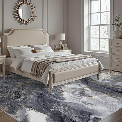 Abstract 8x10 Area Rugs: Modern Washable Rug for Living Room Bedroom Dining Room Indoor - Thin Low Pile Non-Slip Large Carpet - Black Gold