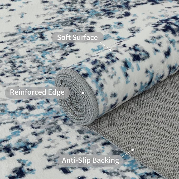 Easy-Going Boho Area Rug 3x5 Entryway Rug Washable Inside Door Mats for Home Entrance Non-Slip Vintage Small Rugs for Entry Living Room Bedroom Kitchen Bathroom Lightweight Carpet, Floral Blue Cream