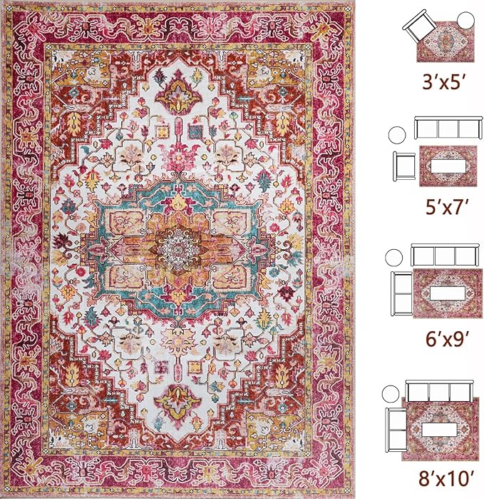 Washable Area Rugs 3x5, Low Pile Super Soft Carpet, Vitnage Distressed Rug for Bedroom, Living Room, Dining Room, Non-Slip, Low Pile, Blue, Plum