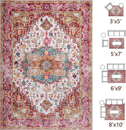 Large Area Rugs 8x10 for Living Room, Washable Vintage Rugs -Low Pile, Soft Plush Rugs for Bedroom, Kitchen, Dining Room, Stain Resistant, Non Shedding, Plum