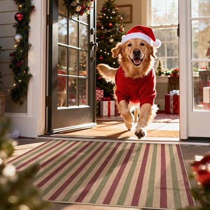 Lahome Christmas Outdoor Rug, 3x5 Christmas Decorations for Porch Entryway Front Door, Striped Plaid Decor Non Slip Non Shedding Red and Green Carpet for Foyer Patio
