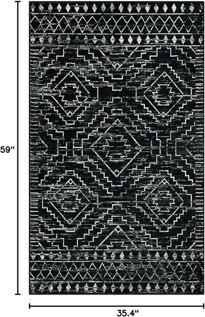 Wonnitar Moroccan 3x5 Rug, Black Washable Small Rug for Bedroom, Non-Slip Geometric Tribal Entry Throw Mat, Boho Farmhouse Rustic Soft Low Pile Area Rug for Bathroom Dining Guest Room (Black,3'x5')