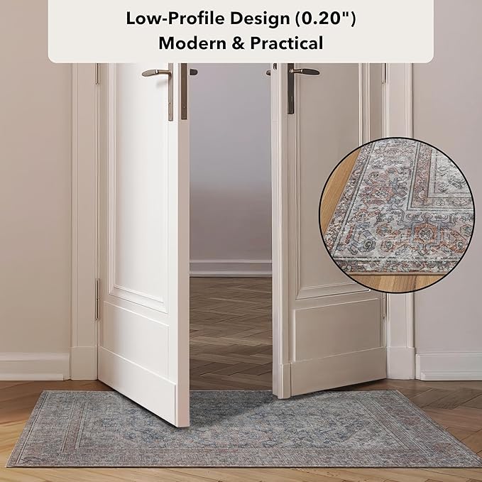 Kuden 8x10 Large Area Rug, Machine Washable Area Rug with Non-Slip Backing, Vintage Style, Soft, Easy Clean, Low Pile Rug for Living Room, Bedroom, Dining Room