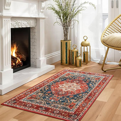 YJ.GWL Area Rug 2x3 Floral Vintage Rugs, Indoor Entrance Door Mat Small Washable Rugs, Non Slip Carpet for Living Room Entryway Kitchen, Orange-Red