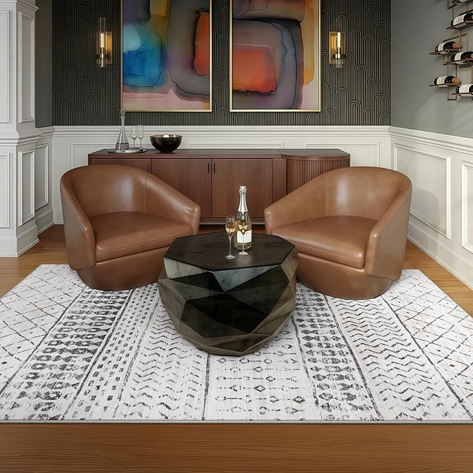 5x7 Machine Washable Area Rug for Living Room, Grey White Vintage Moroccan Rug Large Non-Slip Low Pile Soft Faux Wool Carpet, Kids and Pets Friendly for Bedroom Dining Room Farmhouse Home Decor Rug