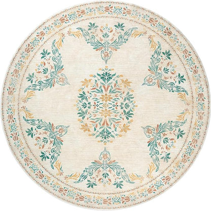 jinchan Round Rug 6ft Area Rugs Vintage Floral Distressed Design, Machine Washable Soft Non-Slip Low-Pile Ultra-Thin Circle Rug for Bedside Living Room Dining Room Bedroom (6' Round, Apricot Multi)