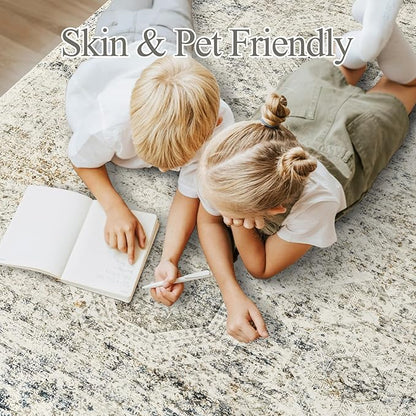 5x7 Area Rugs Blue Ivory Low Pile Indoor Washable Trendy Faded Style Rugs for Bedroom Living Room Dining Room Foldable Non-Slip Thin Print Mat