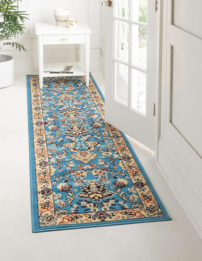 Rugs.com Yasmin Collection Rug – 10 Ft Runner Light Blue Medium Rug Perfect for Hallways, Entryways