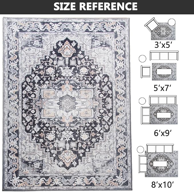 8x10 Large Area Rugs for Living Room, Washable Vintage Rugs-Low Pile Carpet, Non-Slip Soft Distressed Printed Patterns Rugs for Bedroom, Dining Room, Black