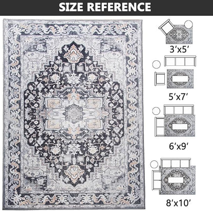 8x10 Large Area Rugs for Living Room, Washable Vintage Rugs-Low Pile Carpet, Non-Slip Soft Distressed Printed Patterns Rugs for Bedroom, Dining Room, Black