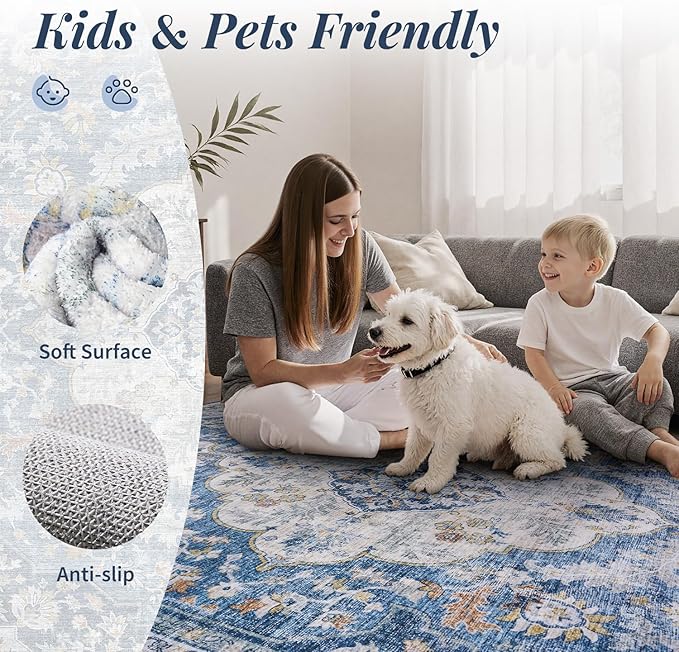 tchdio 5x7 Area Rugs for Living Room, Vintage Non Slip Washable Rug, Soft Low Pile Area Rug Large Floor Indoor Carpet for Bedroom, Dining Room, Office (Blue, 5'x7')