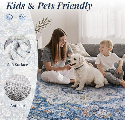 tchdio 8x10 Area Rugs for Living Room, Vintage Non Slip Washable Rug, Soft Low Pile Area Rug Large Floor Indoor Carpet for Bedroom, Dining Room, Office (Blue, 8'x10')