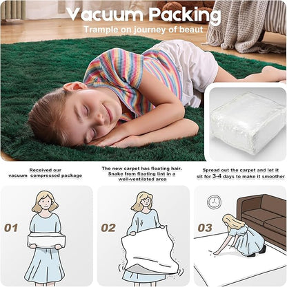 4x6 Dark Green Rugs for Bedroom Living Room, Fluffy Small Area Rug Soft Shag Carpet for Kids Boys and Girls Room with 4 Rugs Non-Slip Stickers Dorm Home Decor (4ft x 6ft)
