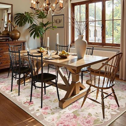 Lahome Floral Washable Rugs 5x7,Rugs for Living Room Boho Area Rug,Vintage Rugs for Bedroom Girls Non Slip Low Pile Ultra-Thin Large Carpet for Farmhouse,Dining Room,Kids Playroom Dorm (5'X7',Beige)