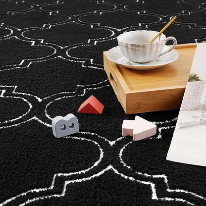 Amearea Fluffy Indoor Area Rug, Soft Trellis Moroccan Rugs for Bedroom, Shag Modern Area Rug for Living Room Kids Room Nursery, Easy Clean, Home Decor Low Pile Carpet, Black 6x9 Feet