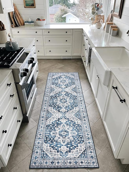Moynesa Blue Vintage Floral Medallion Runner Rug, 2'6" x 8', Machine Washable, Non-Slip, Pet Friendly, High-Traffic Areas