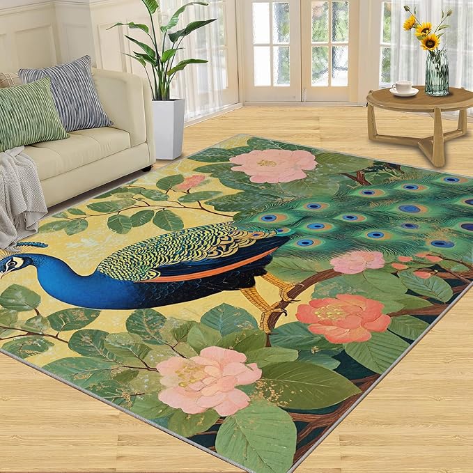 Peacock Peony Rugs for Bedroom - 5x8 Rug, Peacock Decor Area Rugs for Living Room, Peony Flower Carpet, Floral Animal Washable Area Mat, Aesthetics Carpet - Peafowl Home Decor & Gifts